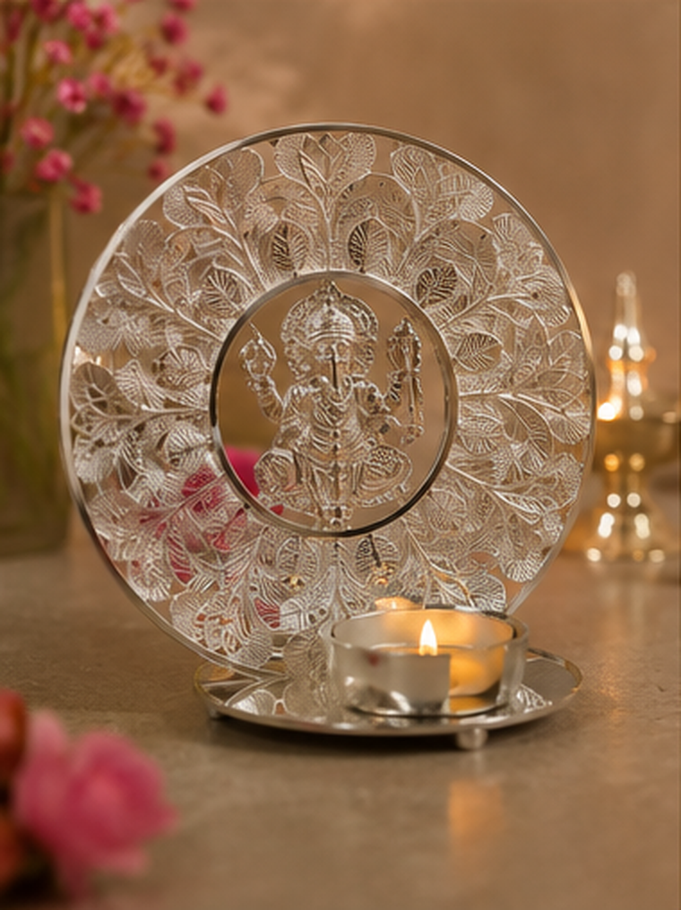 Premium silver diya stand curated by The Curator Co